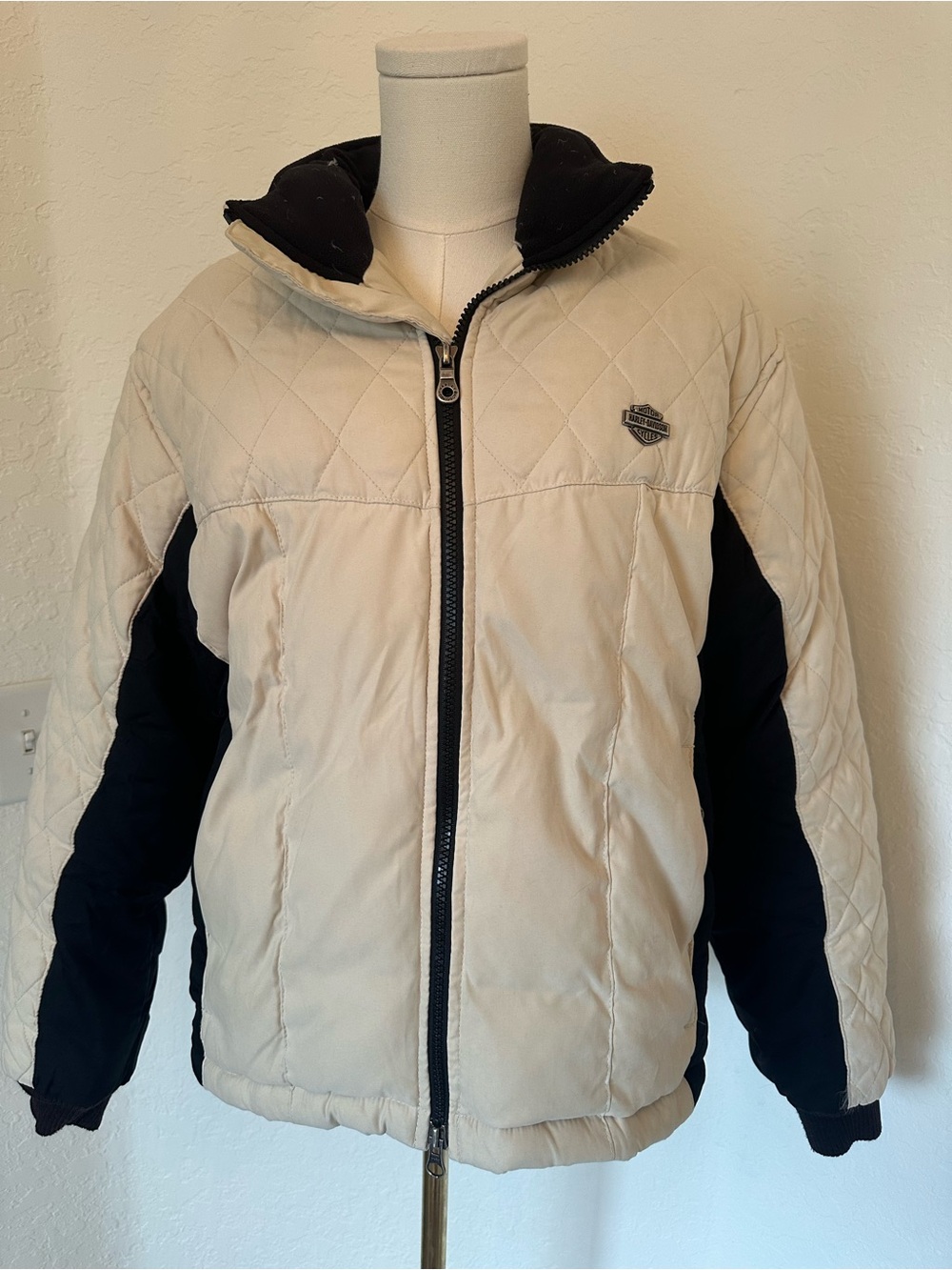 Harley-Davidson Cream and Black Quilted Down Puffer Jacket Winter Biker L
